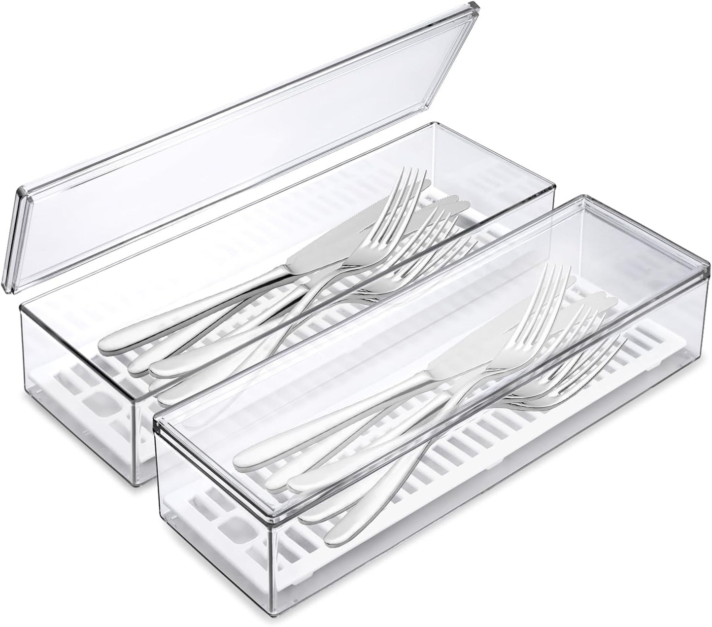 2 Pack Silverware Organizer with Lid and Drainer - Kitchen Drawer Organizer Cutlery Tray Flatware Storage Box, Clear Tableware Utensil Holder for Spoons Forks Knives