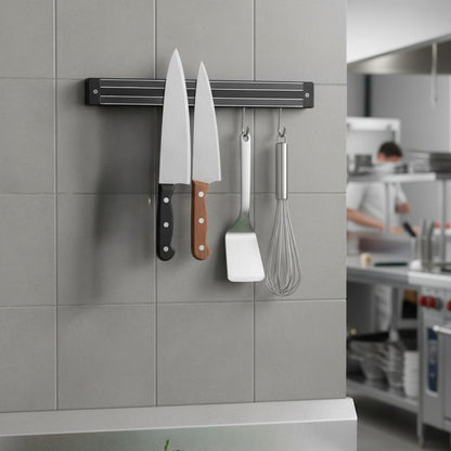 TrueCraftware 24" Black Magnetic Knife Holder with Dual Magnetic Strips & Optional Hanging Hooks - Strong Powerful Knife Rack Storage Display Organizer