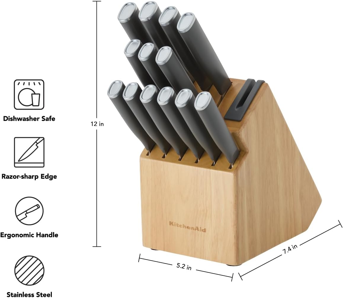 KitchenAid Classic Natural Knife Block Set with Built-In Sharpener, High-Carbon Japanese Stainless Steel Knives, Charcoal Gray, 14-Piece