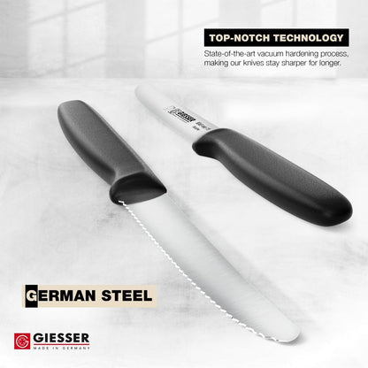 Giesser since 1776, Made in Germany, Serrated kitchen knives round tip dishwasher safe 4.5 inch - Tomato knife, Steak knive set of 6 (MIX Color)