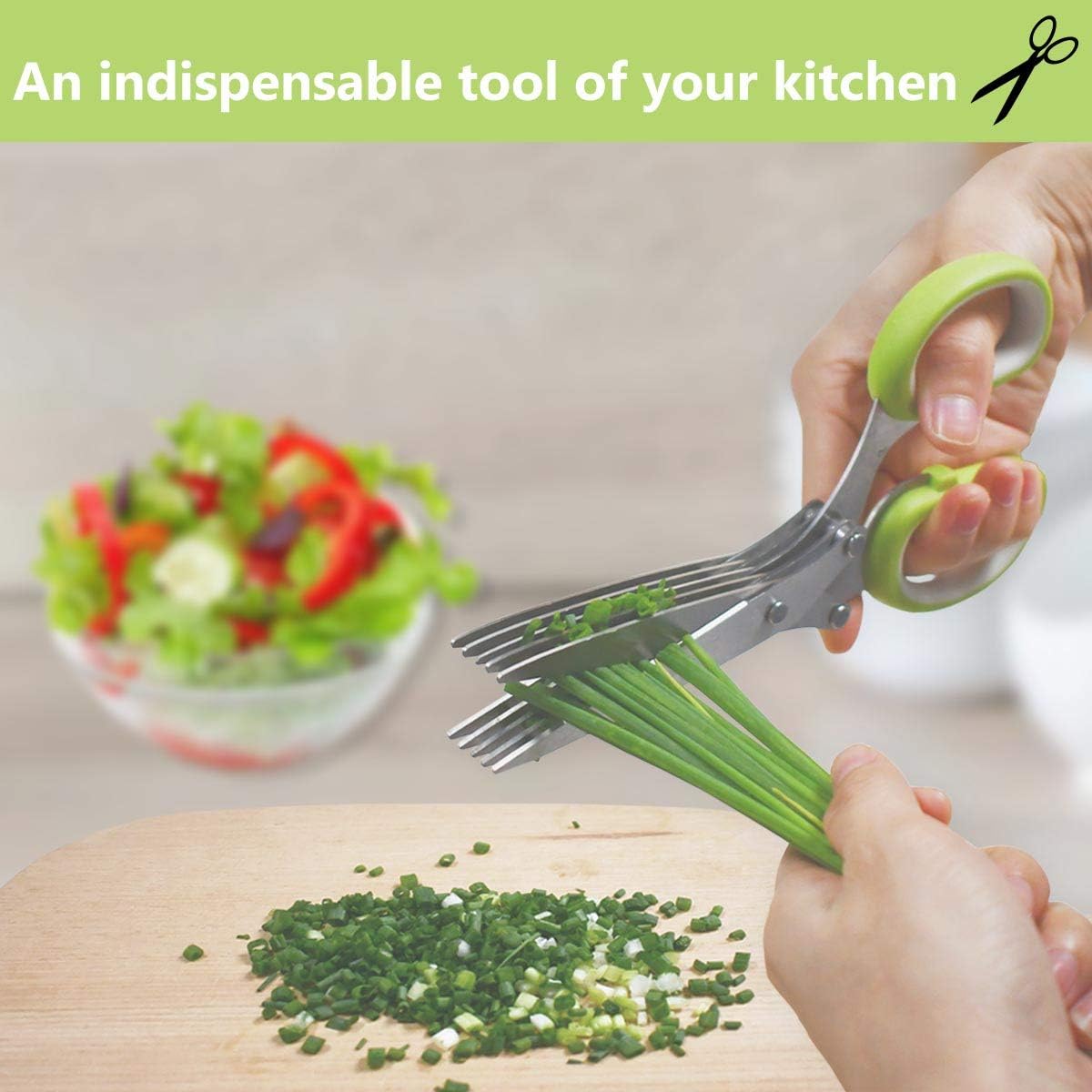 5 Blade Herb Scissors Kitchen Herb Shears Cutter Multipurpose Cutting Shear with 5 Stainless Steel Blades & Safety Cover & Cleaning Comb Salad Sizzors Cilantro Chive Parsley Onion Scissors (Black Red)