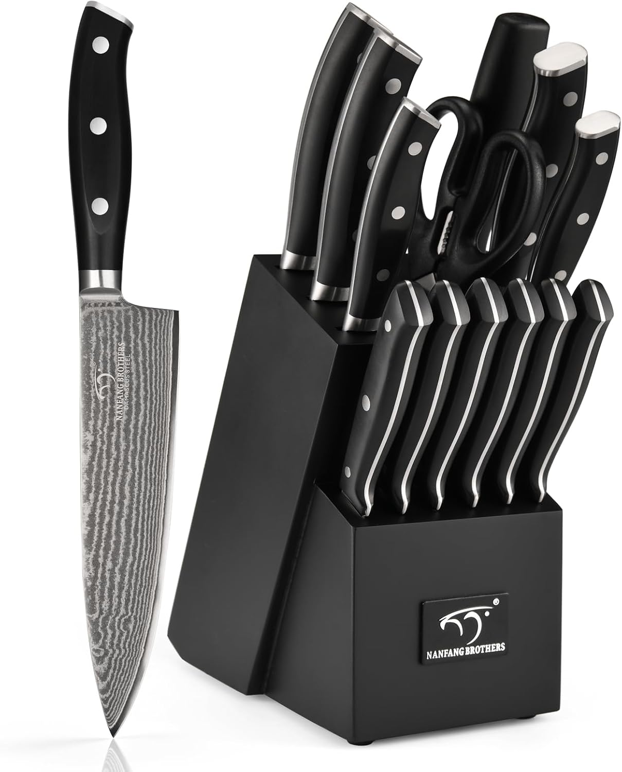 18 Pieces Damascus Kitchen Knife Set, 8 Piece Steak Knives, Non-slip ABS Ergonomic Triple Rivet Handle for Meat Fork, Knife Sharpener and Shears, 17 Slots Fraxinus Manchuria Knife Block (Grey)