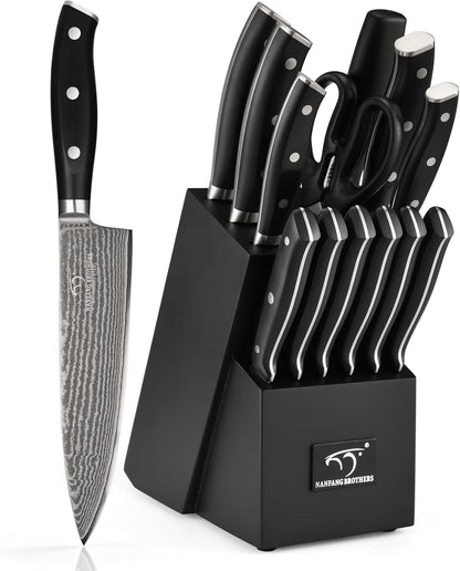 18 Pieces Damascus Kitchen Knife Set, 8 Piece Steak Knives, Non-slip ABS Ergonomic Triple Rivet Handle for Meat Fork, Knife Sharpener and Shears, 17 Slots Fraxinus Manchuria Knife Block (Grey)