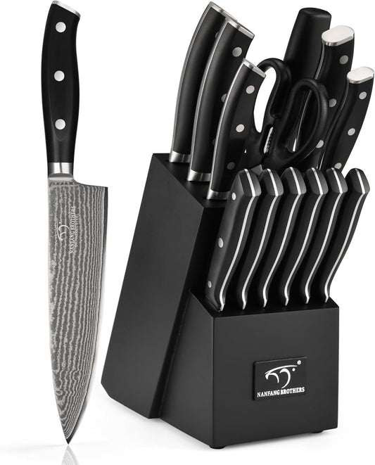 18 Pieces Damascus Kitchen Knife Set, 8 Piece Steak Knives, Non-slip ABS Ergonomic Triple Rivet Handle for Meat Fork, Knife Sharpener and Shears, 17 Slots Fraxinus Manchuria Knife Block (Grey)