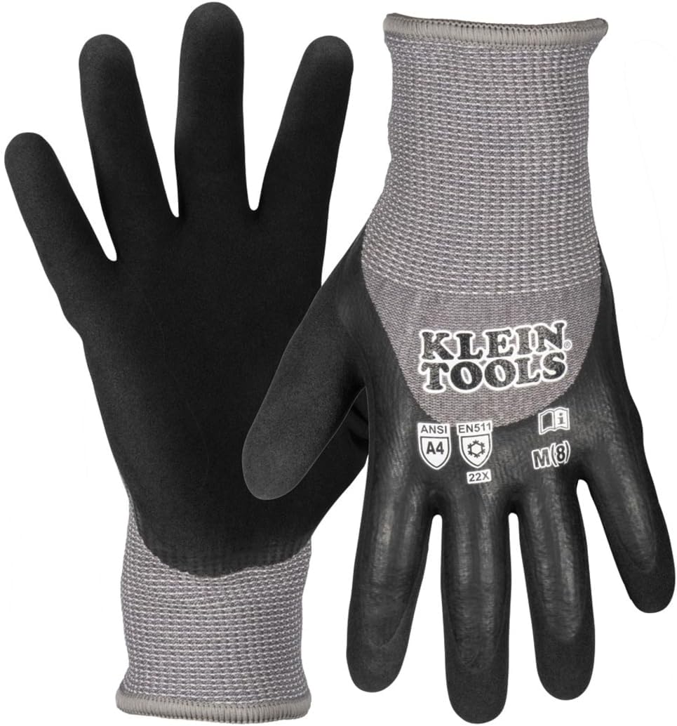 Klein Tools Winter Work Gloves, Knit Dipped ANSI A4 Cut-Resistant, Sandy Latex Coated, Fleece-Lined, Touchscreen Capable
