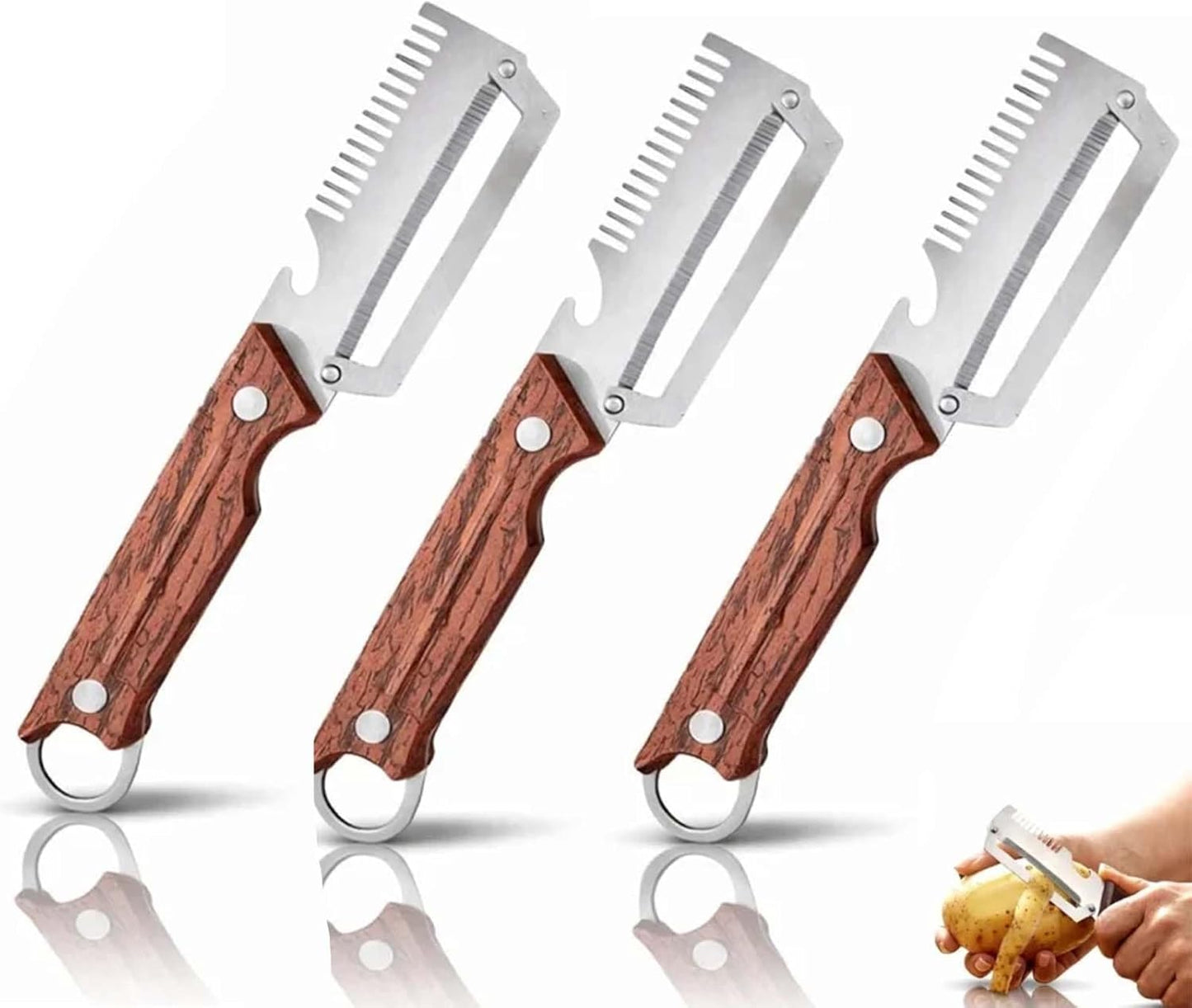 3-1 Multi-functional Vegetable Peeler, 2026 New Ktchen Multi-function Stainless Steel Thickened Fruit Peeler Knife with Wooden Handle,Suitable for Peeling Fruits and Shredding Scallions (A-2PCS)