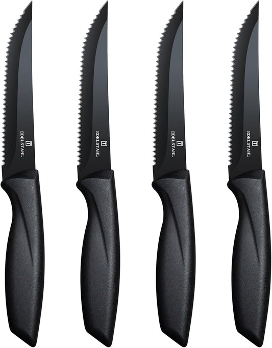 Steak Knives Set of 4, Premium Steak Knife,Stainless Steel Steak Knives Set,Sharp Serrated Steak Knife,Ergonomic Black Handle Steak Knifes,Durable Kitchen Steak Knifes,Dishwasher Safe