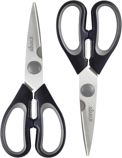 LIVINGO 8" Kitchen Scissors All Purpose - 2 Pack Heavy Duty Kitchen Meat Shears, Stainless Steel Multi-function Food Scissors for Cooking Cutting Chicken, Turkey, Bones, Poultry, Fish, and Vegetables