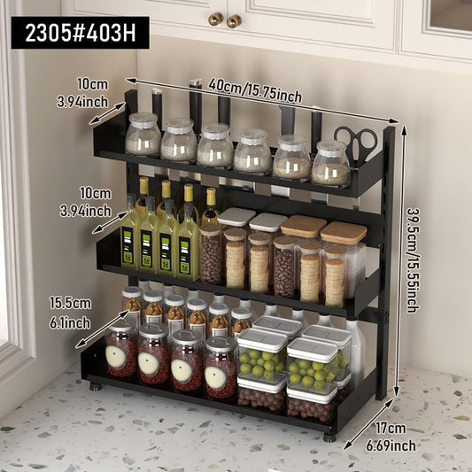 3-Tier Spice Rack Organizer with Knife Holder, Black Metal Counter Storage Shelf, 15.75x15.5x6.69 Inch, Adjustable Height, Detachable Design