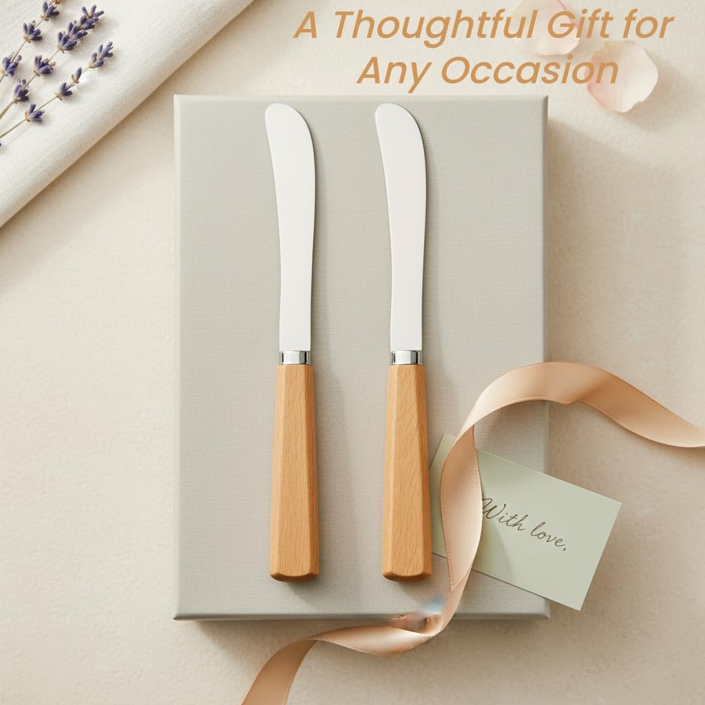 Butter Knife Set of 2 – Oak Wood Handle 17cm Stainless Steel Butter Knives for Spreading Butter, Jam, Cream Cheese, Soft Cheese – Rustic Wooden Spreader for Toast & Sandwich