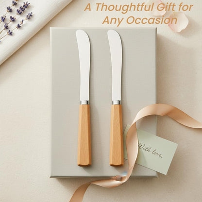 Butter Knife Set of 2 – Oak Wood Handle 17cm Stainless Steel Butter Knives for Spreading Butter, Jam, Cream Cheese, Soft Cheese – Rustic Wooden Spreader for Toast & Sandwich