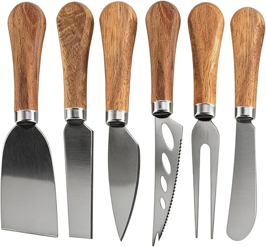 6 Piece Cheese Knives Set with Wooden Handle, Stainless Steel Mini Cheese Knives for Charcuterie & Cheese Spread, Ideal for Cheese Slicing and Butter Cutting (Acacia)