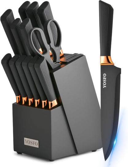 Kitchen Knife Set,15 Pcs Knife Set with Block and Sharpener,High Carbon Stainless Steel Ultra Sharp,Dishwasher Safe