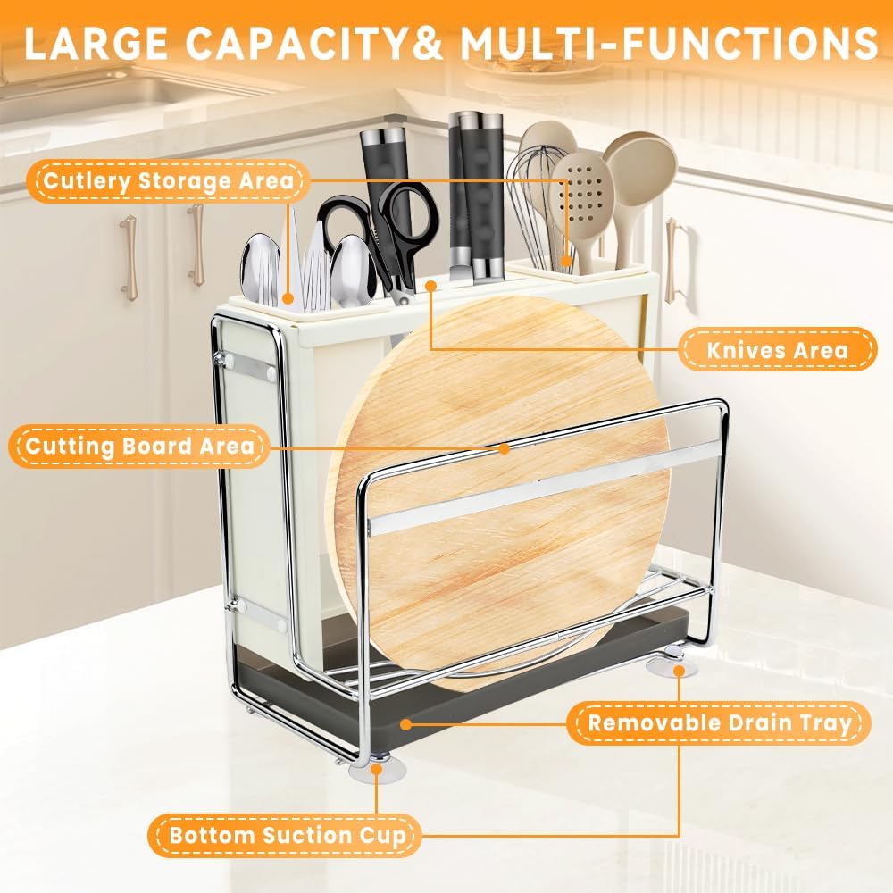 Knife Holder, Knife Block Multifunctional Large Capacity with Cutting Board Organizer, Kitchen Knife Block Utensil Stand Storage for Countertop Kitchen (White)
