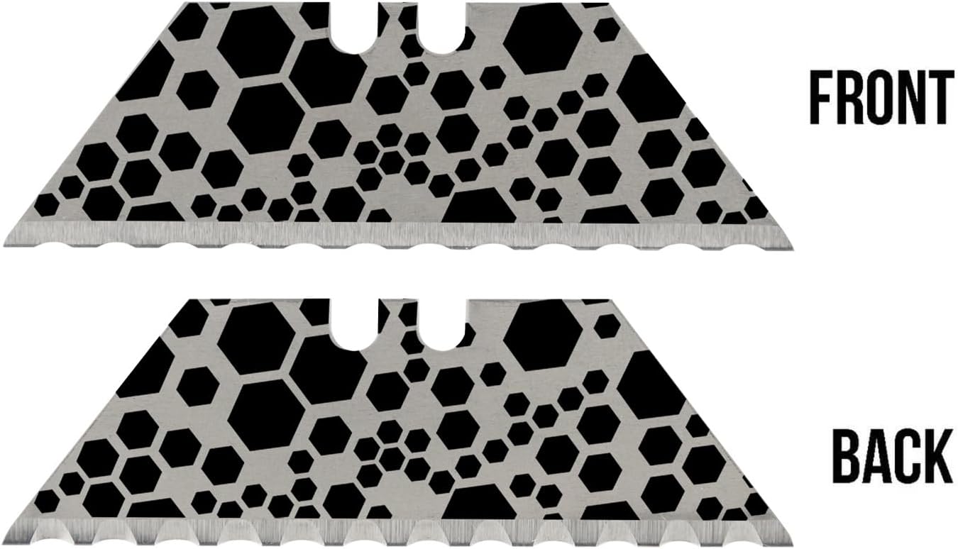 NDZ Performance Serrated Steel Blade Replacement for Utility Knife & Box Cutters, Custom Double Sided Laser Engraved Designs, Silver - Skull - 3 Pack