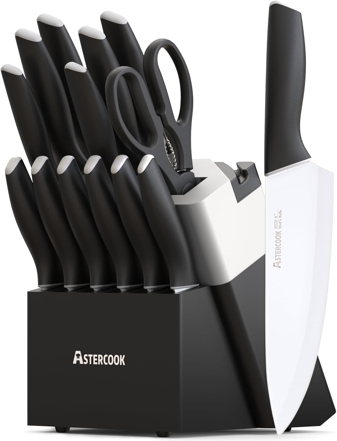 Astercook Knife Set, Kitchen Knives Set with Block and Sharpener 15 Pcs German Stainless Steel Knives Sharp Blade Dishwasher Safe Deba Knives with Ergonomic Handle, Crystal Pink