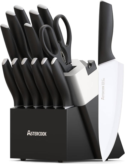Astercook Knife Set, Kitchen Knives Set with Block and Sharpener 15 Pcs German Stainless Steel Knives Sharp Blade Dishwasher Safe Deba Knives with Ergonomic Handle, Crystal Pink
