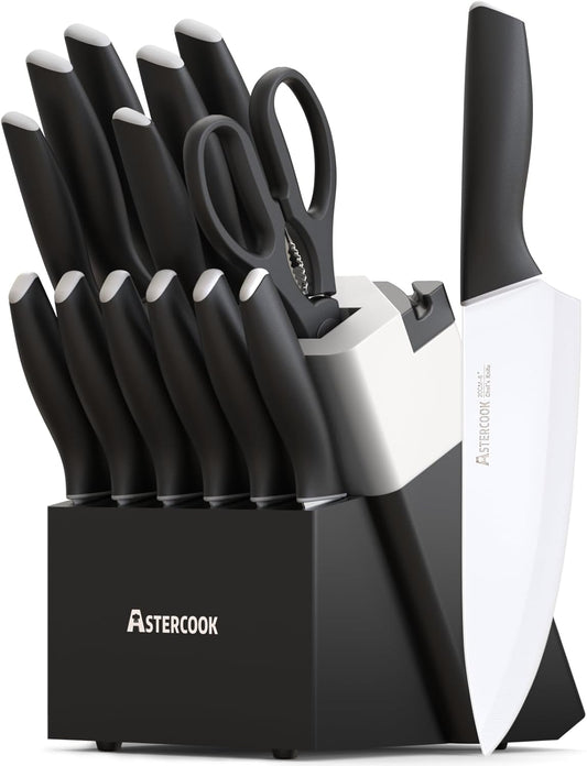 Astercook Kitchen Knife Set with Block and Sharpener 15 Piece German High Carbon Stainless Steel Knives Sharp Blade Dishwasher Safe Deba Knives with Ergonomic Handle, Delicate Blue