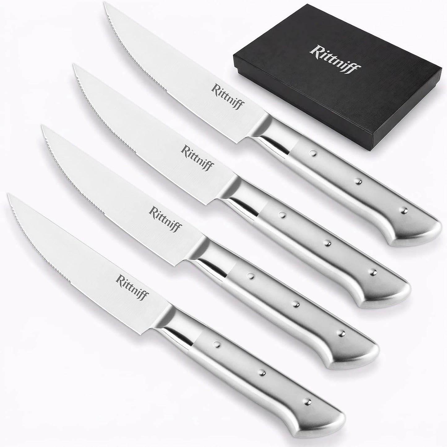 Steak Knives Set of 4, 5-Inch Serrated Stainless Steel Steak Knife Set with Wide Stainless Handle, Gift-Ready Box for Steak Night, BBQ, Housewarming & Wedding