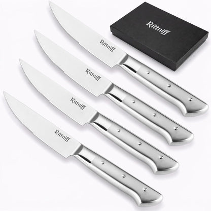 Steak Knives Set of 4, 5-Inch Serrated Stainless Steel Steak Knife Set with Wide Stainless Handle, Gift-Ready Box for Steak Night, BBQ, Housewarming & Wedding