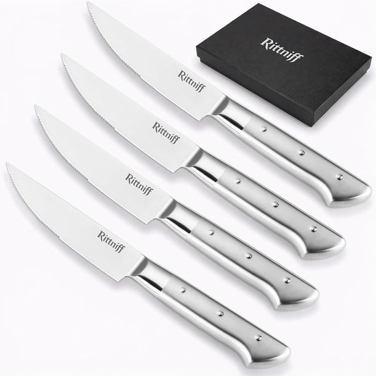 Steak Knives Set of 4, 5-Inch Serrated Stainless Steel Steak Knife Set with Wide Stainless Handle, Gift-Ready Box for Steak Night, BBQ, Housewarming & Wedding