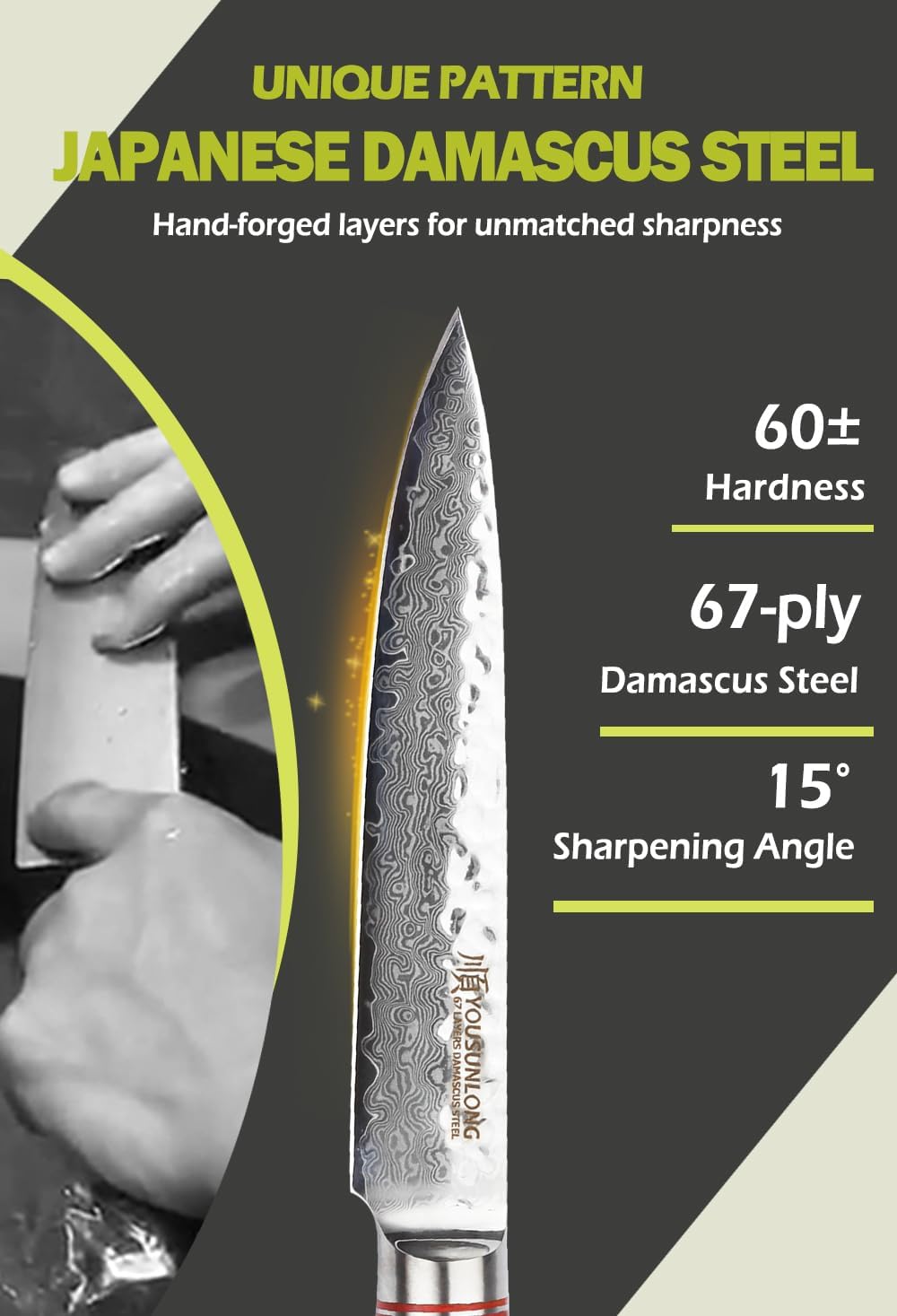 YOUSUNLONG Utility Knife Kitchen 5 Inch Petty Knife - Japanese Hammered Damascus Steel - Razor Sharp Blade - Natural Walnut Wooden Handle