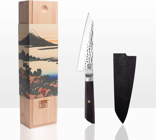 KOTAI | Bunka Petty Utility Kitchen Knife | 5.5-inch Blade | Ultra Sharp 440C Japanese Stainless Steel | Hand Hammered Tsuchime Finish | Ebony Wood Handle | Full Hidden Tang