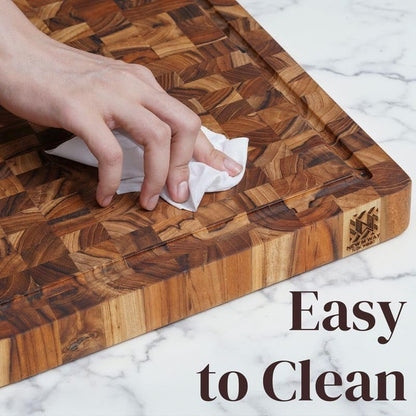 Premium End Grain Teak Cutting Board 12" x 8" x 1" with Handle & Juice Groove, Medium Thick Solid Non-toxic Wood Butcher Block for Meat, Fruit, Cheese & Kitchen Prep by New M Way
