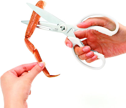 Multi-Purpose Kitchen Shears – Meat & Vegetable Cutter, Crab Cracker, Vegetable Peeler, Jar & Bottle Opener, Knife, Safety Cap, Dishwasher Safe (1 Pair, White)