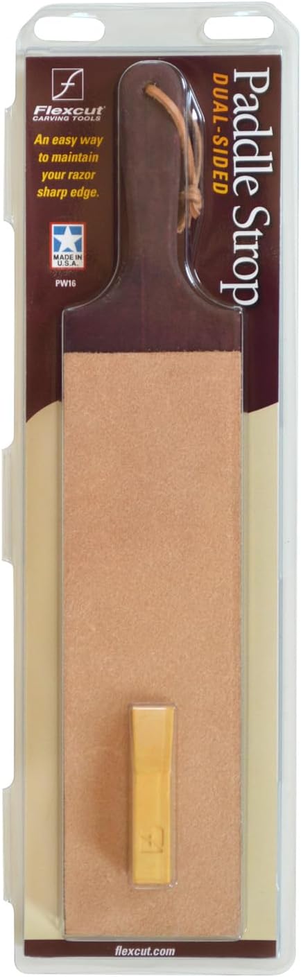 Flexcut Wood Carving Tools | Dual-Sided Paddle Strop | Smooth and Rough Leather Sides | 1oz Bar of Flexcut Gold Polishing Compound Included | PW16 | Made in the U.S.A.