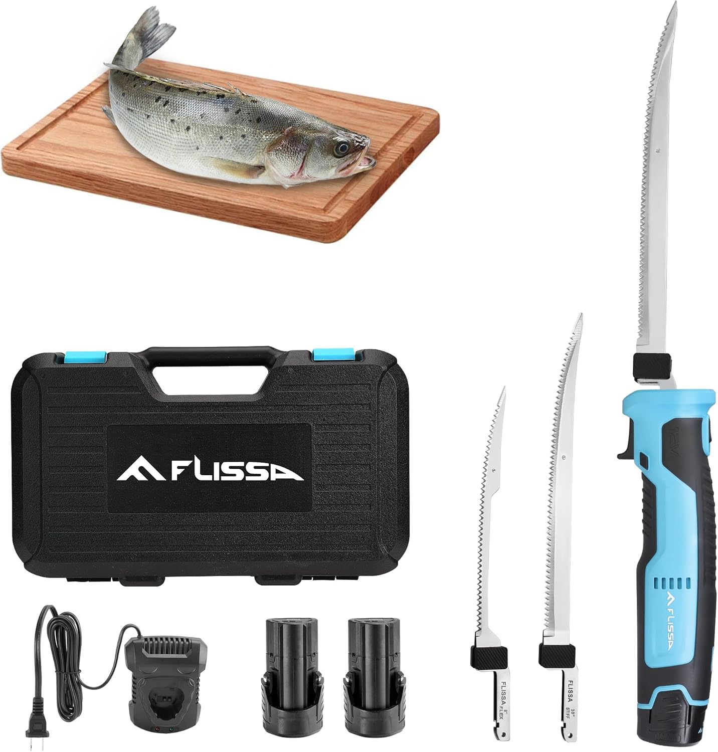 Cordless Electric Fillet Knife for Fish with 8" and 10" Stainless Steel Blades, 12V Rechargeable Electric Knife with Non-Slip Handle, 2 Packs Long Lasting Lithium-ion Battery, Portable Carry Case