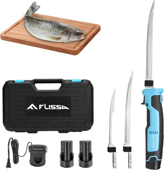 Cordless Electric Fillet Knife for Fish with 8" and 10" Stainless Steel Blades, 12V Rechargeable Electric Knife with Non-Slip Handle, 2 Packs Long Lasting Lithium-ion Battery, Portable Carry Case