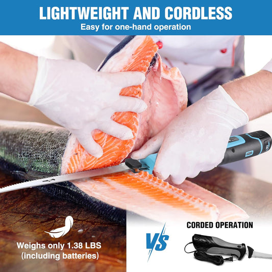 Cordless Electric Fillet Knife for Fish with 8" and 10" Stainless Steel Blades, 12V Rechargeable Electric Knife with Non-Slip Handle, 2 Packs Long Lasting Lithium-ion Battery, Portable Carry Case