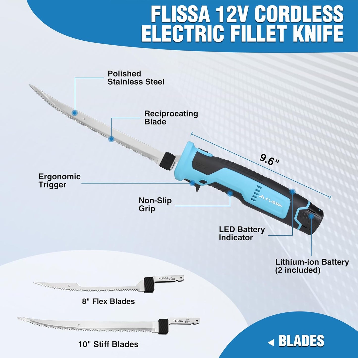 Cordless Electric Fillet Knife for Fish with 8" and 10" Stainless Steel Blades, 12V Rechargeable Electric Knife with Non-Slip Handle, 2 Packs Long Lasting Lithium-ion Battery, Portable Carry Case