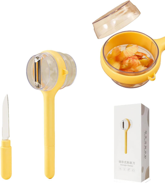 3-in-1 Vegetable Peeler with Storage Container – Stainless Steel Blade, Built-in Knife in Handle, Catches Peels, for Kitchen, Backyard BBQs, Picnics, Outdoor Parties – Easy Clean (Yellow)
