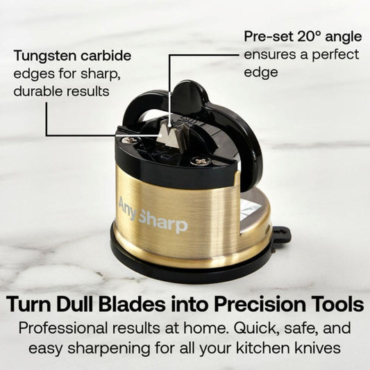 AnySharp – Chef – Hands Free Knife Sharpener - Easy to Use Sharpening Tool with PowerGrip Suction Base and 20-Degree Pre-Set Angle - for All Knives: Chef's, Serrated, and Hardened Steel - Brass