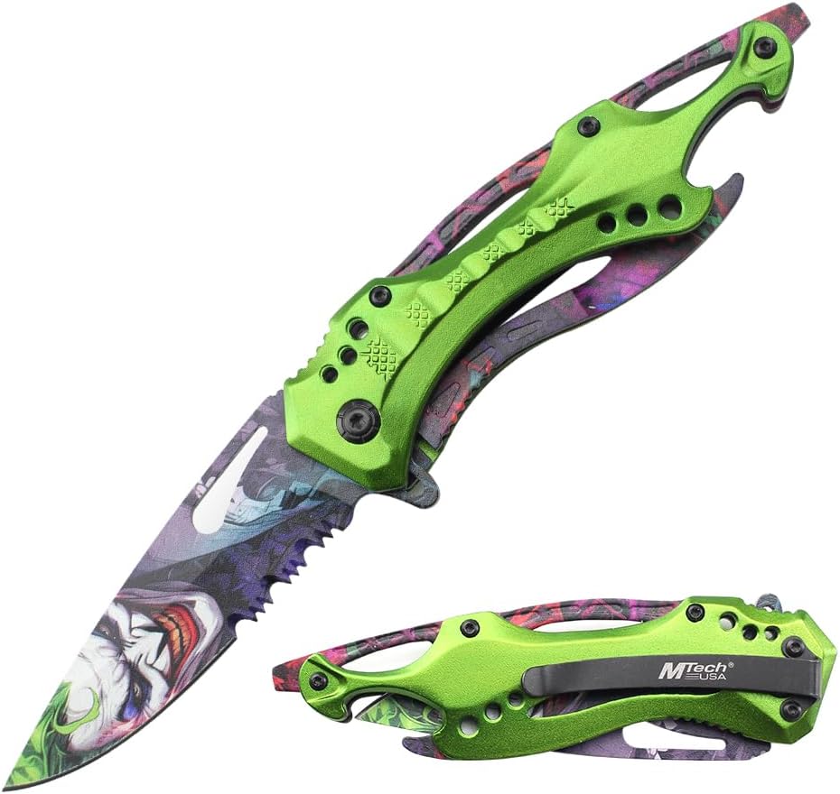 MTECH USA Folding Knife, 3.75-Inch Half-Serrated Blade, Titanium Coating, Glass Breaker, Pocket Clip