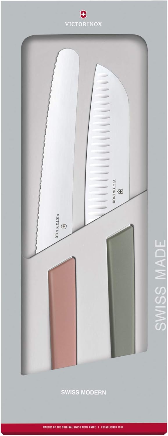 VICTORINOX 2 Piece Santoku Knife and Bread Knife Set, Pizza Peel, Multi Color - Light & Sharp for Various Ingredients Dishwasher Safe Swiss Madan Gift Box 2 Piece Set (6.9096.22 G)
