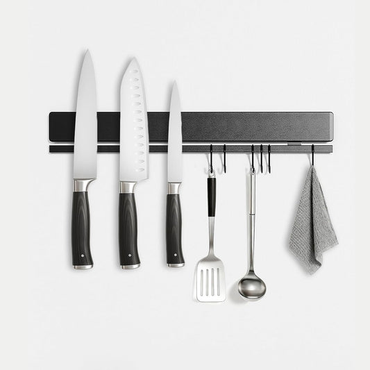 TOUKA 12 Inch Magnetic Knife Holder, Knife Magnetic Strip for Wall, magnetic knife holder for refrigerator, No Drilling with 6 Hooks, Includes 3M Adhesive and Screws, Strong Magnet Kitchen Organizer