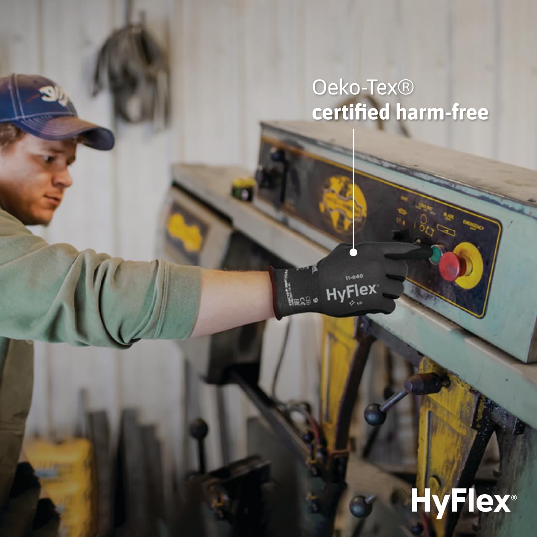 HyFlex 11-840 Ergonomic Abrasion-Resistant Nitrile Foam Industrial Gloves for Automotive, Fabrication, EMS, Utilities - Size 9, Black (12 Pairs)