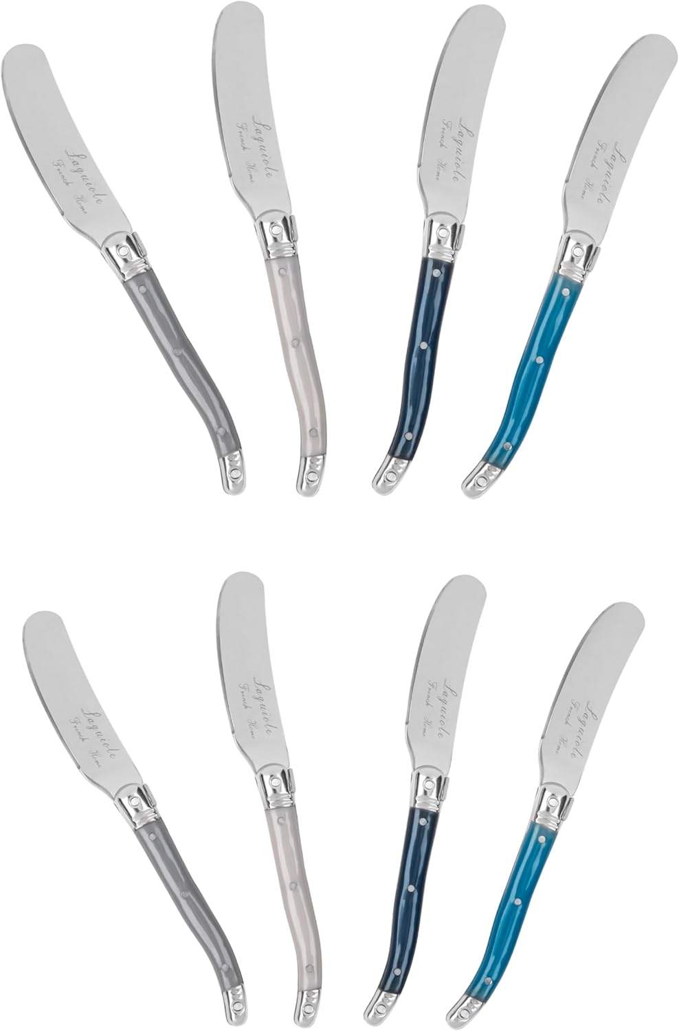 French Home Laguiole Spreader Set – 8 Piece Cheese & Butter Spreader Set with Blue and Cream Handles – Elegant & Practical Charcuterie Tools (6.25")