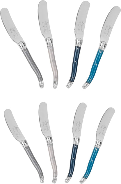 French Home Laguiole Spreader Set – 8 Piece Cheese & Butter Spreader Set with Blue and Cream Handles – Elegant & Practical Charcuterie Tools (6.25")