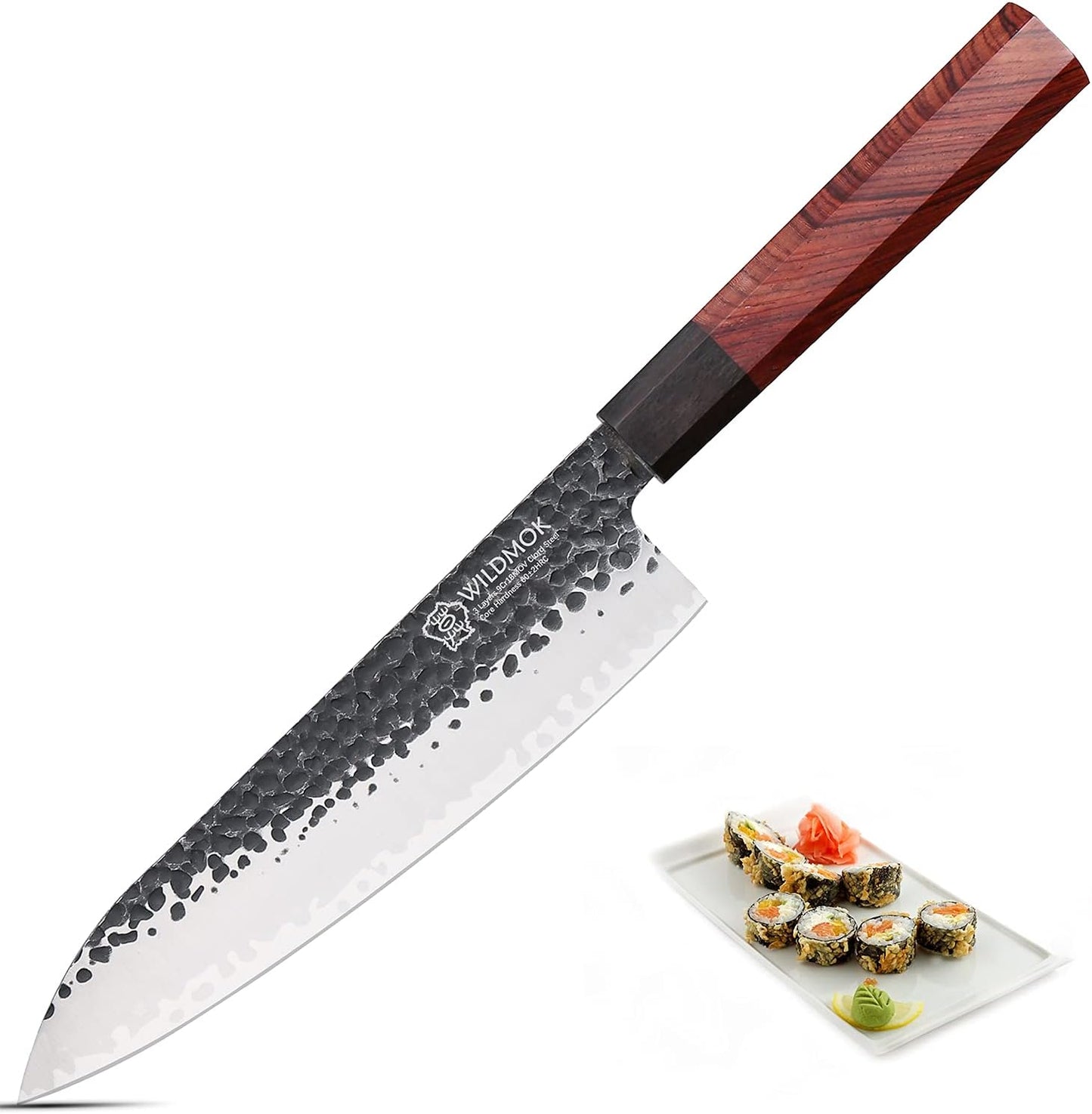 WILDMOK 8 Inch Chef Knife 3 Schichten 9CR18MOV CLAD STAEL, geschmiedetes Gyuto -Chef Knife mit achteckigem Griff