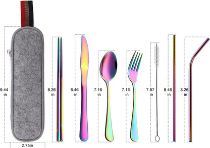 DEVICO Camping Utensils, 8-Piece Full-Size Reusable Silverware for Lunch Adult, Stainless Steel Portable Fork Spoon Knife Set for Work, Travel Cutlery Set with Case and Chopsticks Straws (Rainbow)