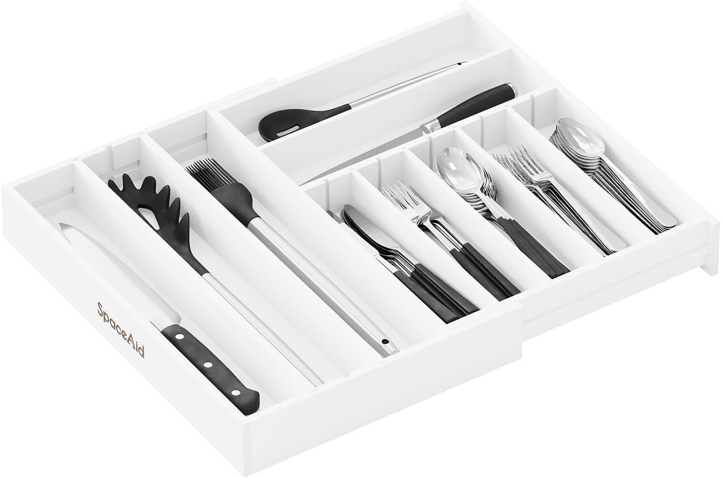 SpaceAid 2.5" High Bamboo Silverware Drawer Organizer with Labels, Kitchen Utensil Expandable Tray Holder for Flatware, Cutlery, Spoon and Knives Drawer Storage Organization (Black)