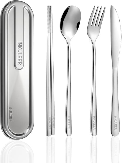 Travel cutlery set, 18/8 stainless steel cutlery, Reusable utensils set with case, Portable Silverware Lunch Box for Camping and Office (Rose Gold/knife set)