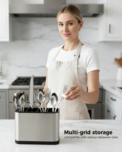 Stainless Steel Utensil Holder, 4 Compartment Kitchen Caddy with Drainage Holes and Non-Slip Base, Countertop Silverware Organizer for Spoons, Forks and Knives, Dishwasher Safe