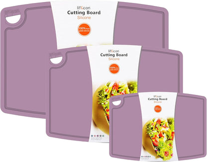 Liflicon Silicone Thick Cutting Boards Mats Set of 3 Foldable & Flexible Design Juice Grooves Easy Grip Handle Dishwasher Safe for Kitchen,BPA free Silicone Cutting Board-Light Green