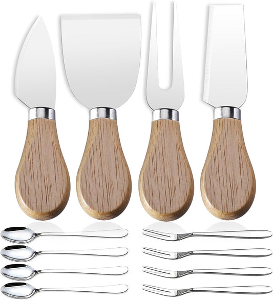 Mini Cheese Knife Set with wood Handle - Stainless Steel Charcuterie Knife Set with 4 Fruit Forks & 4 Small Spoons - Compact Cheese Cutter Set for Charcuterie Boards
