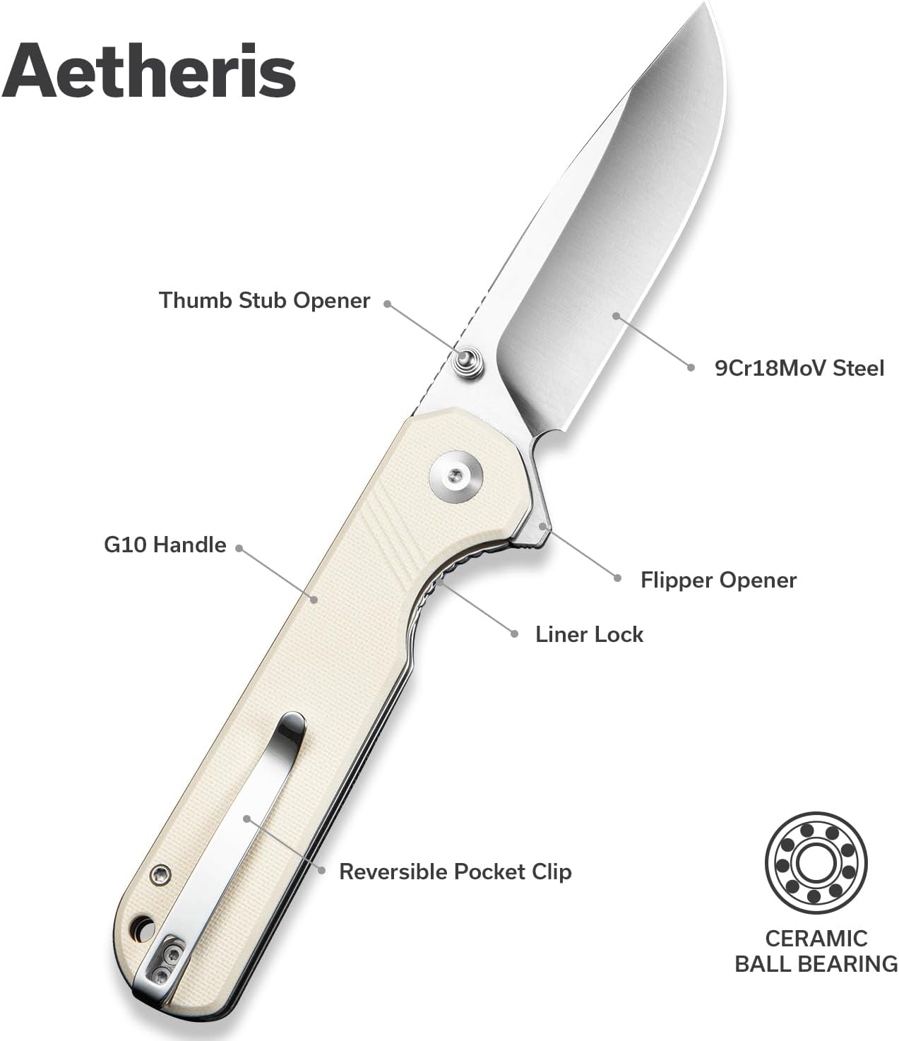 SENCUT Aetheris Pocket Knife, EDC Folding Knife with 3.68'' 9Cr18MoV Blade & Canvas Micarta Handle, Reversible Clip for Camping Hiking S24095-3(Black)